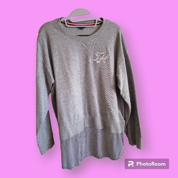 Tommy Hilfiger Women's Grey & Navy Monogrammed Pinstripe Sweatshirt Size Large - Picture 1 of 7
